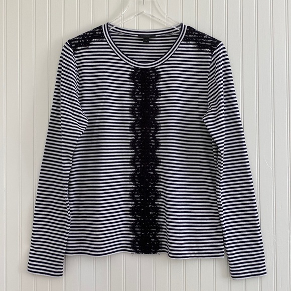 J. Crew Striped T-Shirt with Lace Trim Navy - Picture 1 of 5